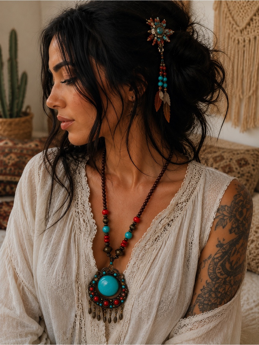 Vintage Boho Statement Pendant Necklace | Faux Turquoise Coral Beaded